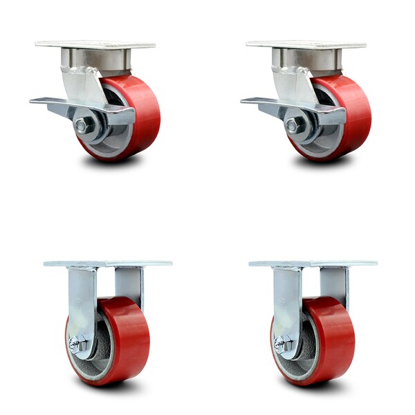 4 Inch Kingpinless Red Poly on Steel Wheel Caster Brakes 2 Rigid SCC, 2PK